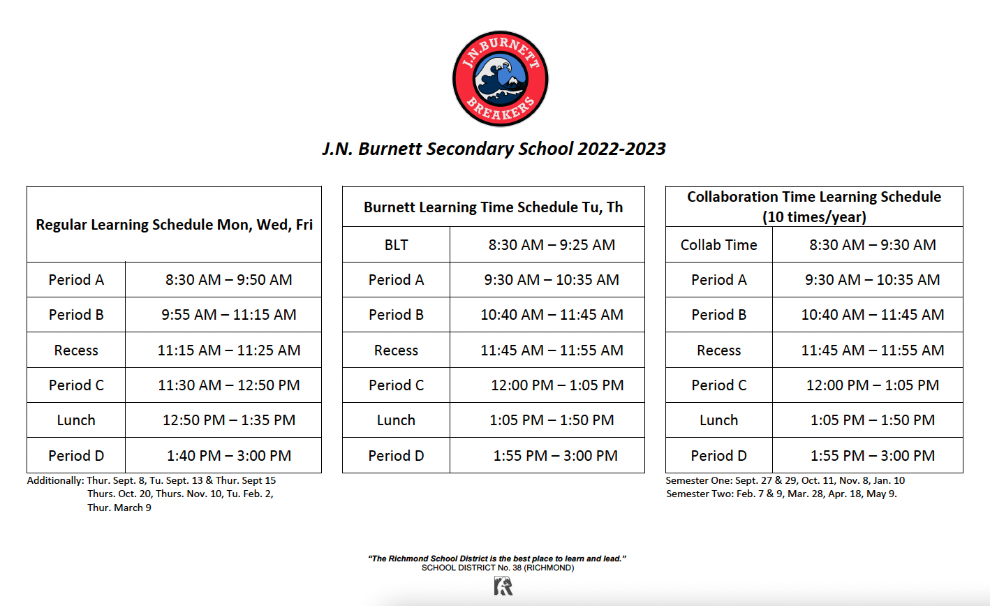 Bell Schedule | J.N. Burnett Secondary School
